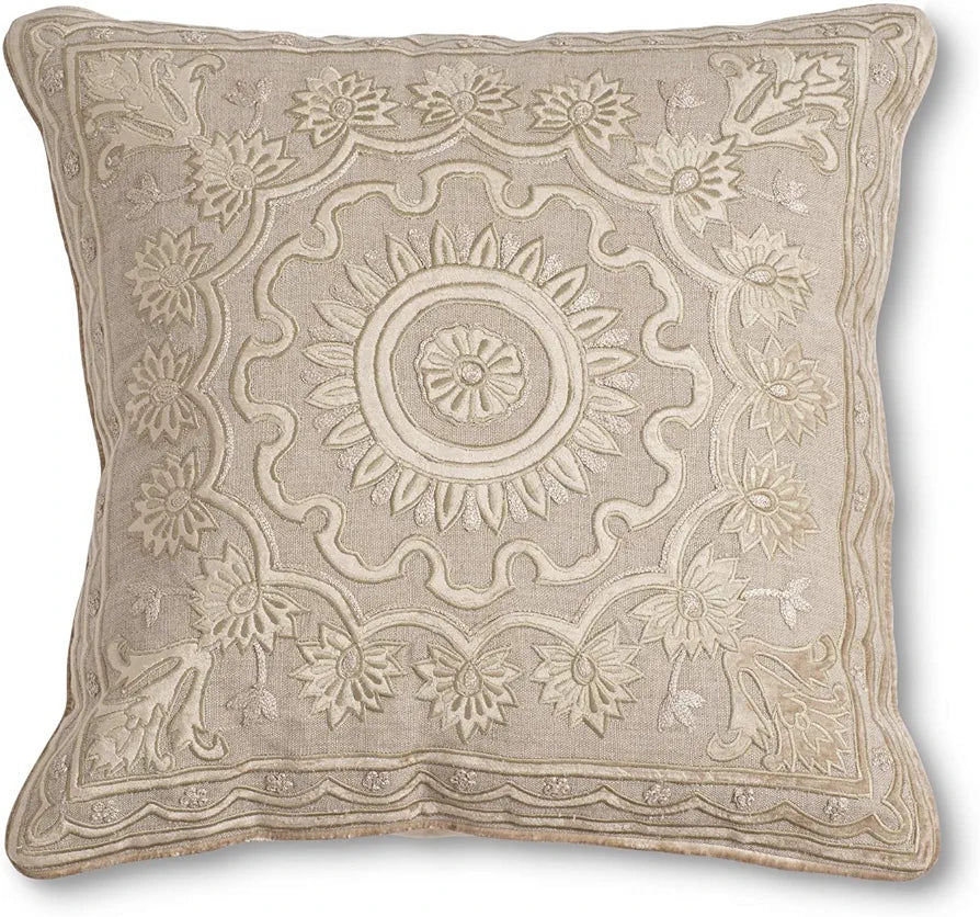 Linen and Velvet Embroidered Pillow