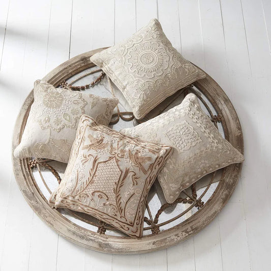 Linen and Velvet Embroidered Pillow