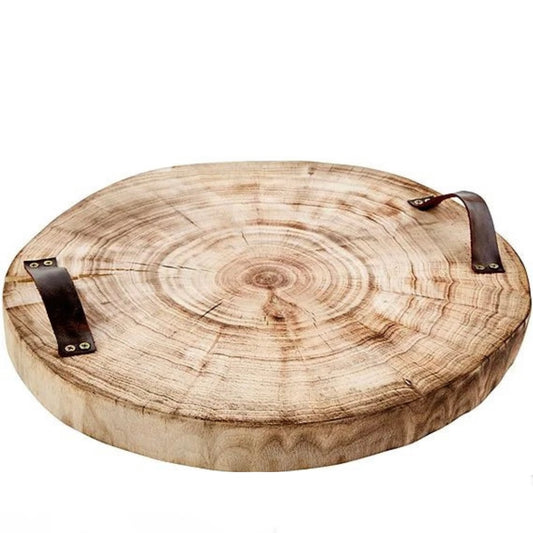 Wood Slice Tray with Leather Handles