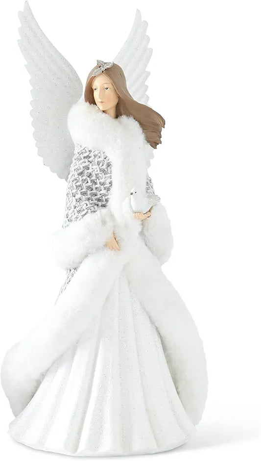 Fur Trimmed Angel with White Glittered Metal Wings