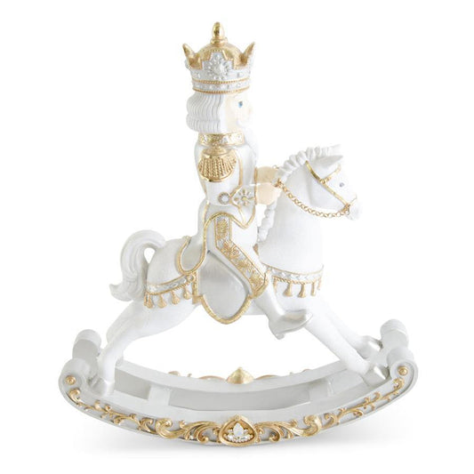 20 inch White Gold and Silver Resin Glittered Nutcracker on Rocking Horse