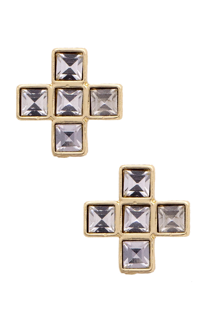 Theodora Rhinestone Cross Stud Earrings in Shiny Gold