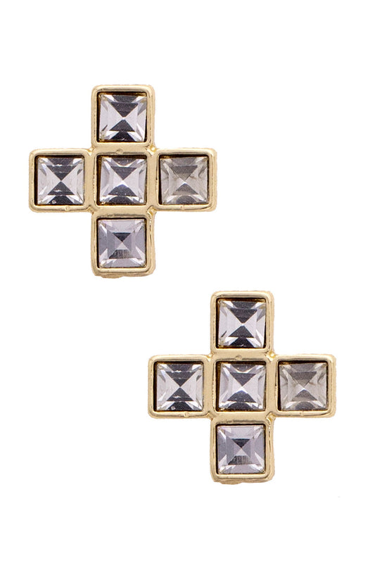Theodora Rhinestone Cross Stud Earrings in Shiny Gold