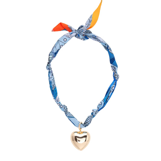 Gabby Puffy Heart Scarf Necklace in Aqua & White