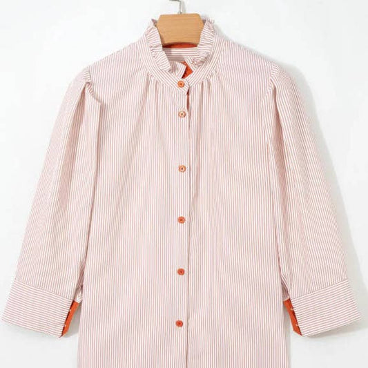 Striped Colorblock Frilled Collar Buttondown Shirt