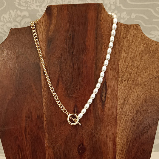 Estelle Half and Half Pearl Toggle Front Necklace in Ivory and Shiny Gold