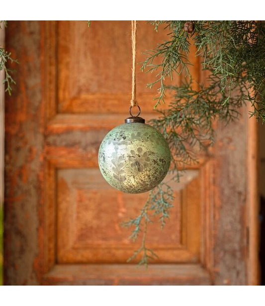 Spruce Antique Foil Glass Etched 4" Ball Ornament