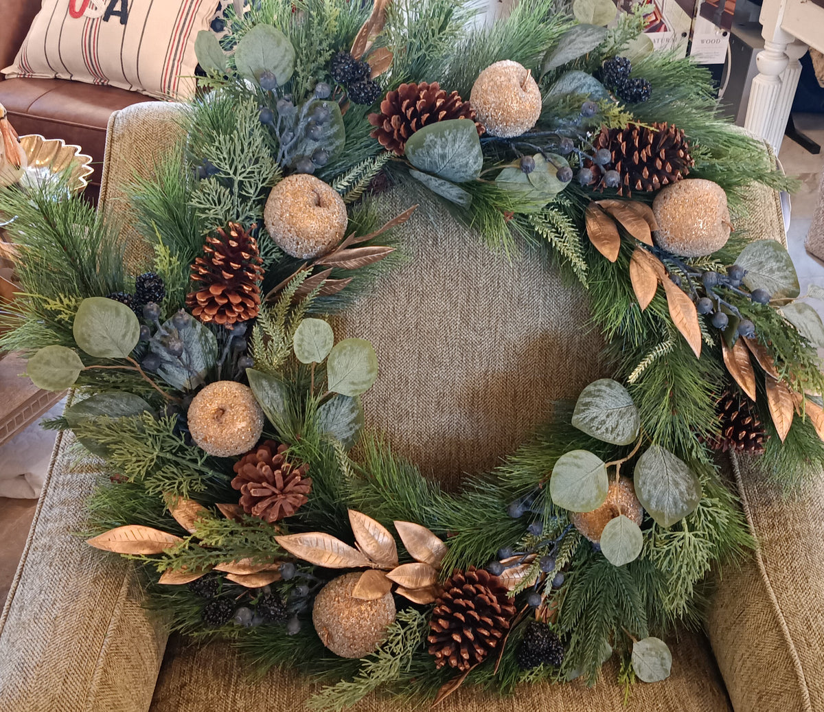 30 inch Mixed Pine Wreath with Gold Leaves and Apple