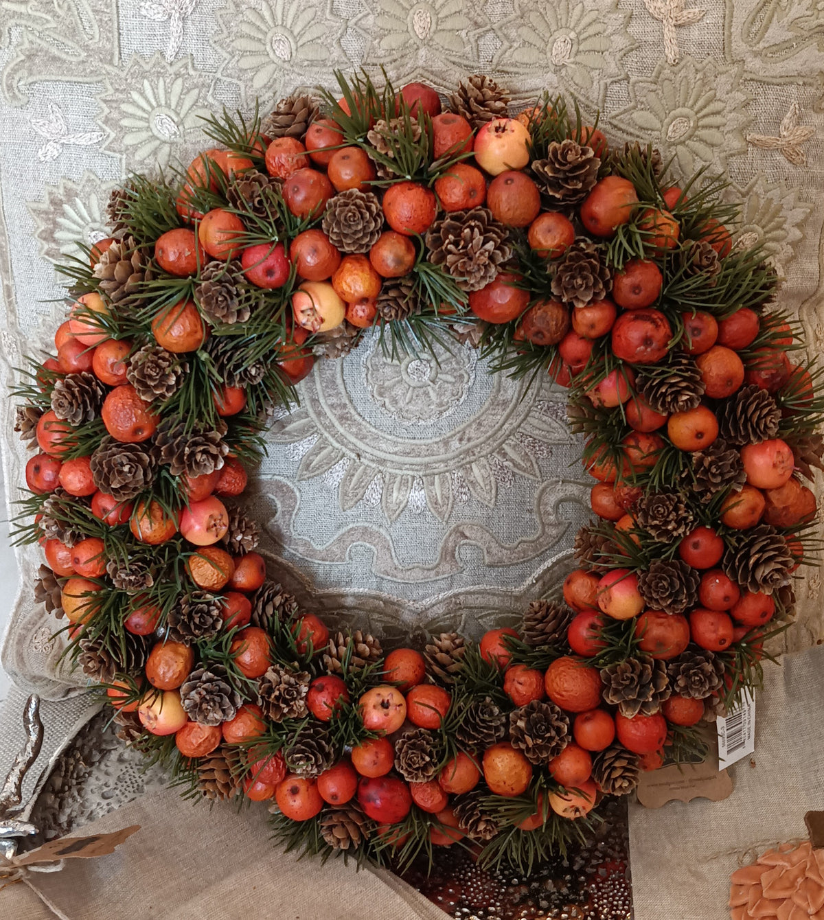 Orange Pod Pinecones & Pine Wreath Large