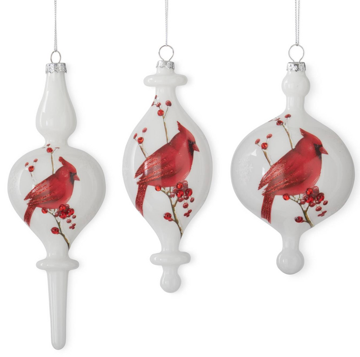 Assorted White Glass Cardinal and Bead Finial Ornaments
