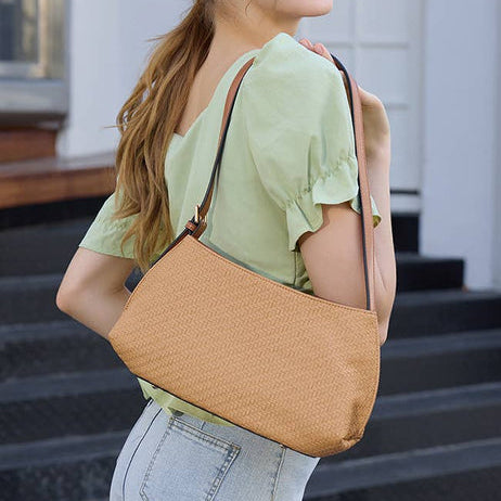 Elsie Faux Woven Shoulder Bag in Khaki