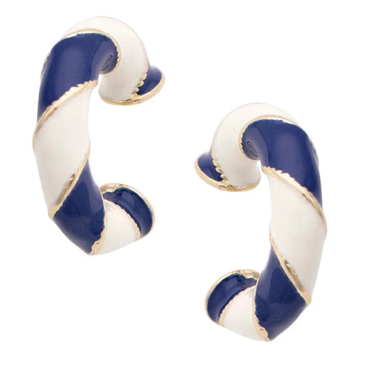 Sandy Striped Enamel Hoop Earrings in Navy