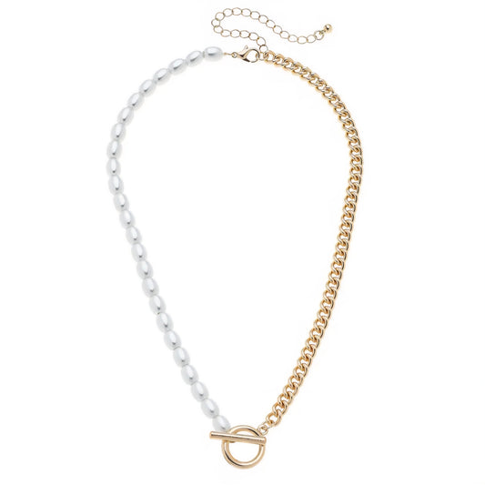 Estelle Half and Half Pearl Toggle Front Necklace in Ivory and Shiny Gold