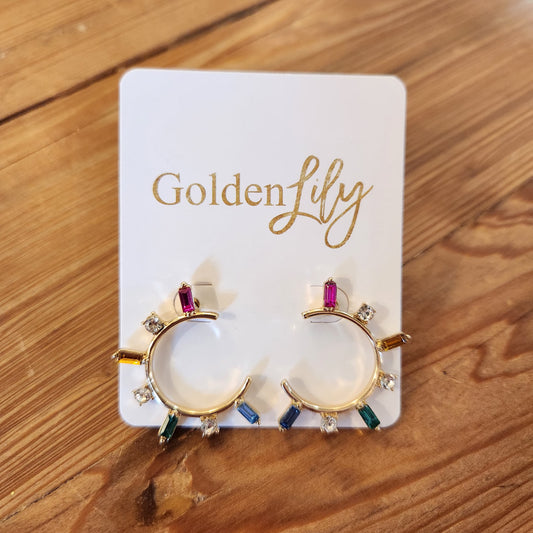 Golden Lily Rainbow Rhinestone Earrings