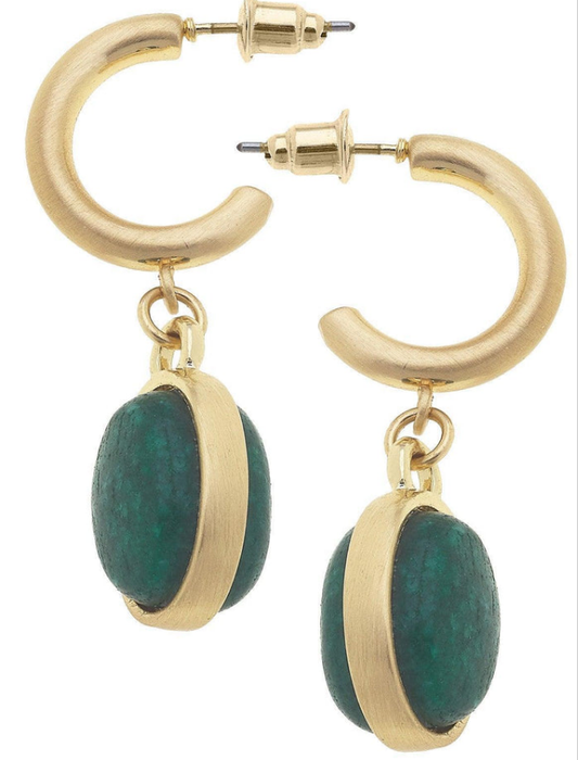 Caroline Gemstone Drop Hoop Earrings in Emerald Dyed Jade