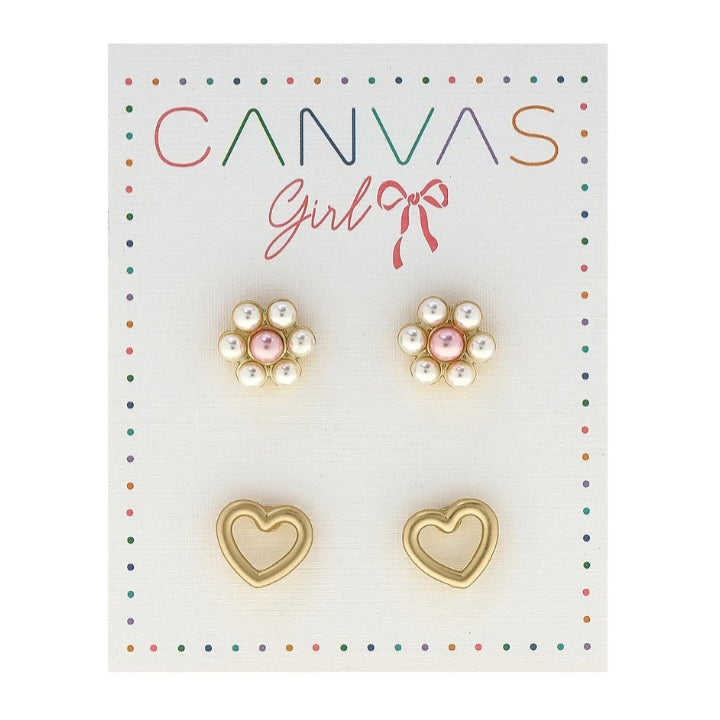 Kid's Pearl Flower & Heart Stud Earrings