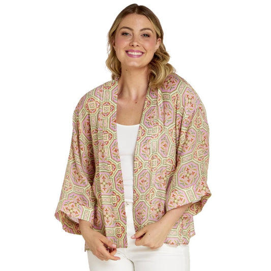 Pink Vintage Tiles Short Kimono