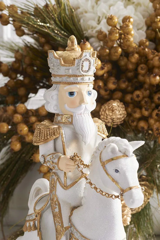 20 inch White Gold and Silver Resin Glittered Nutcracker on Rocking Horse