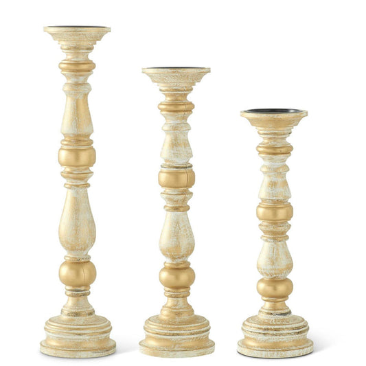 Gold Whitewashed Carved Wooden Spindle Candleholders