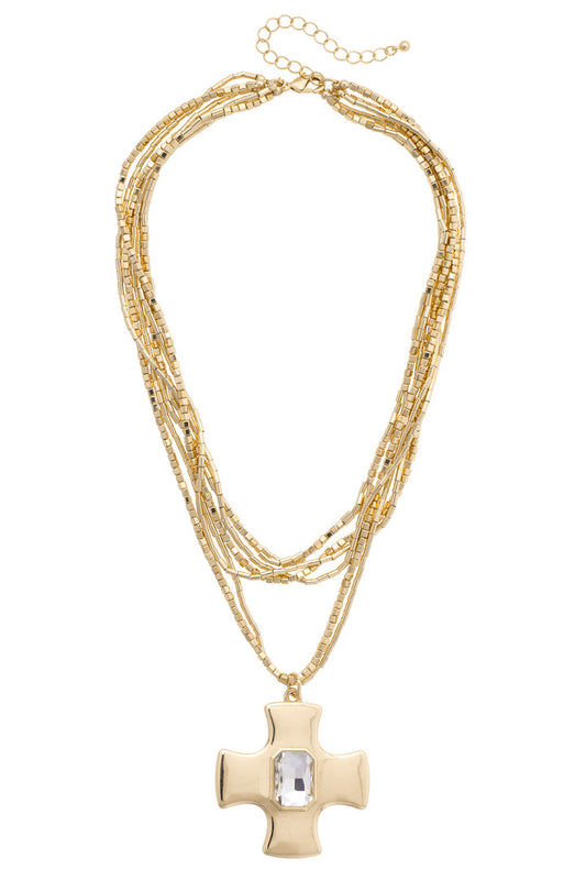 Roman Rhinestone Cross Layered Necklace in Shiny Gold