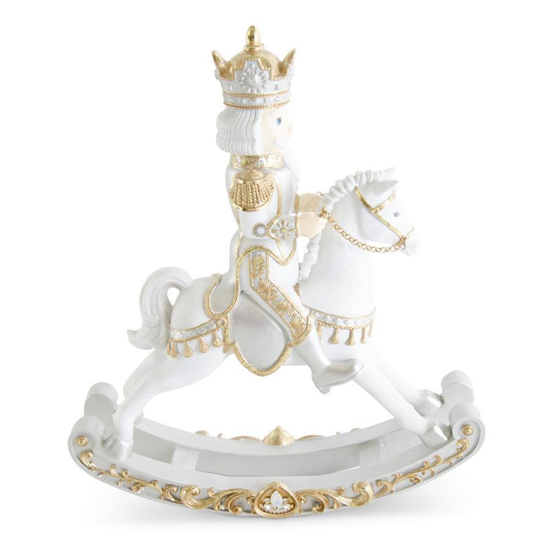 20 inch White Gold and Silver Resin Glittered Nutcracker on Rocking Horse