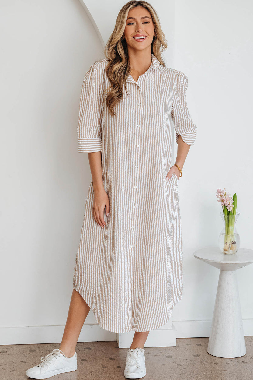 Khaki Stripe Shirt Maxi Dress