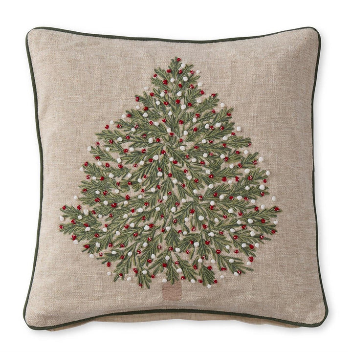 Tan Christmas Tree Pillow with Red & White Ornaments