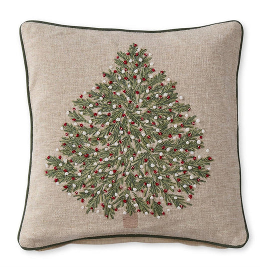 Tan Christmas Tree Pillow with Red & White Ornaments