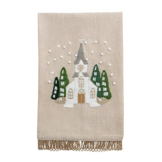 White Church Embroidered Towel