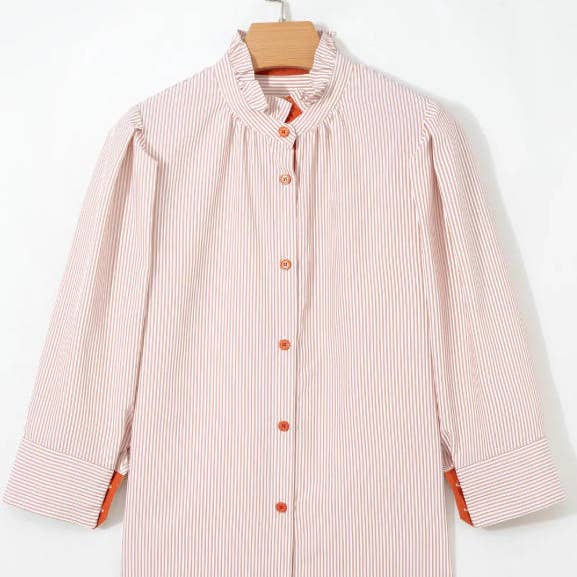 Striped Colorblock Frilled Collar Buttondown Shirt