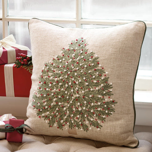 Tan Christmas Tree Pillow with Red & White Ornaments