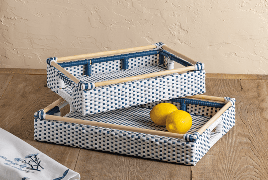 Rattan Blue and White Tray