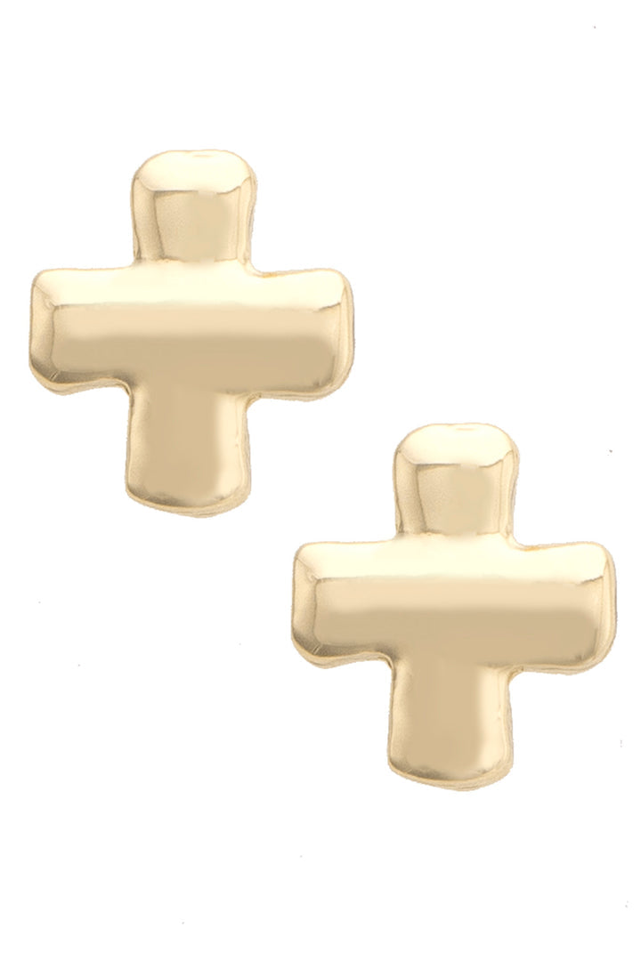 Belle Square Cross Stud Earrings in Shiny Gold