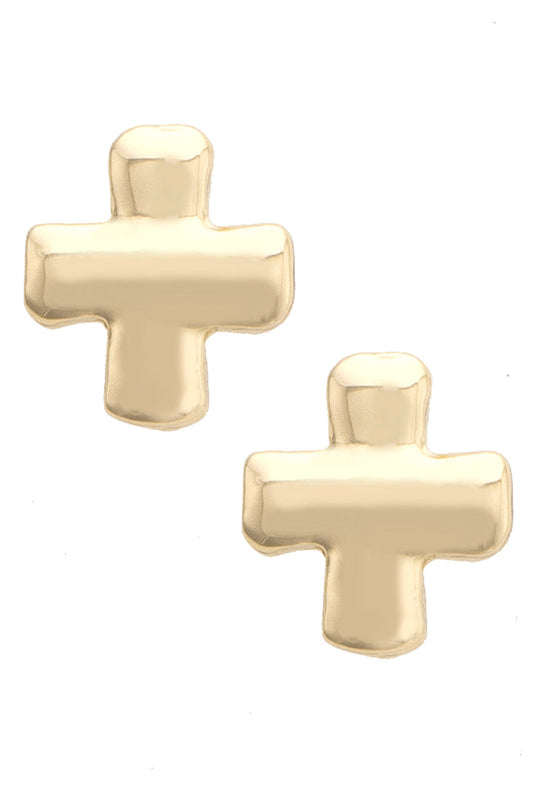 Belle Square Cross Stud Earrings in Shiny Gold