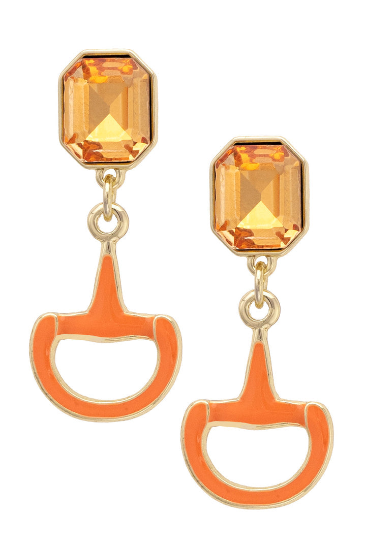 Eclipse Rhinestone Enamel Horsebit Earrings in Orange