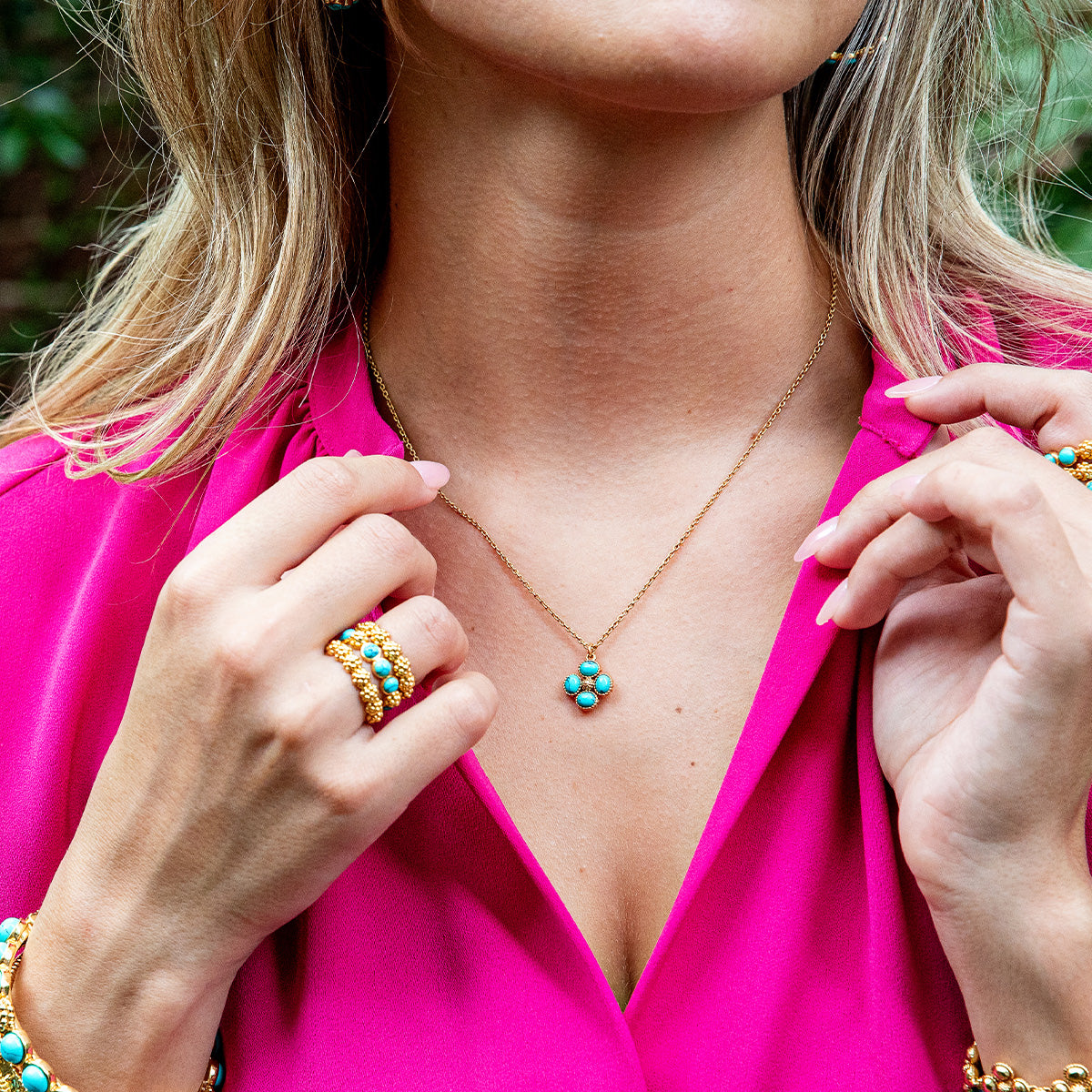 Berry Clover Double Sided Charm Necklace - Turquoise