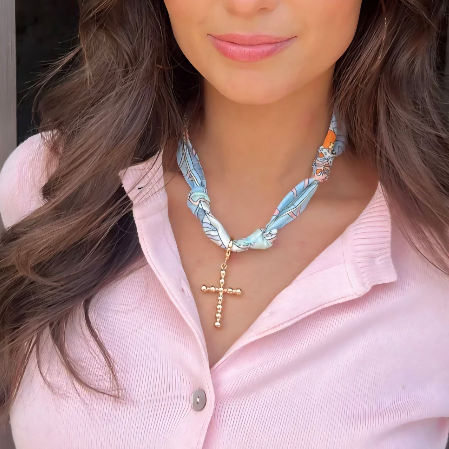 Louisa Beaded Cross Scarf Necklace in Pastel Multi